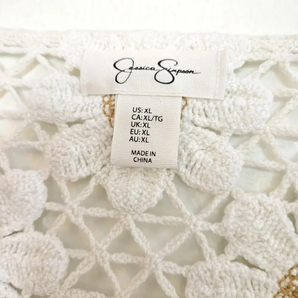 Jessica Simpson Daisy Floral Crochet Crop Cardigan White Cream XL
